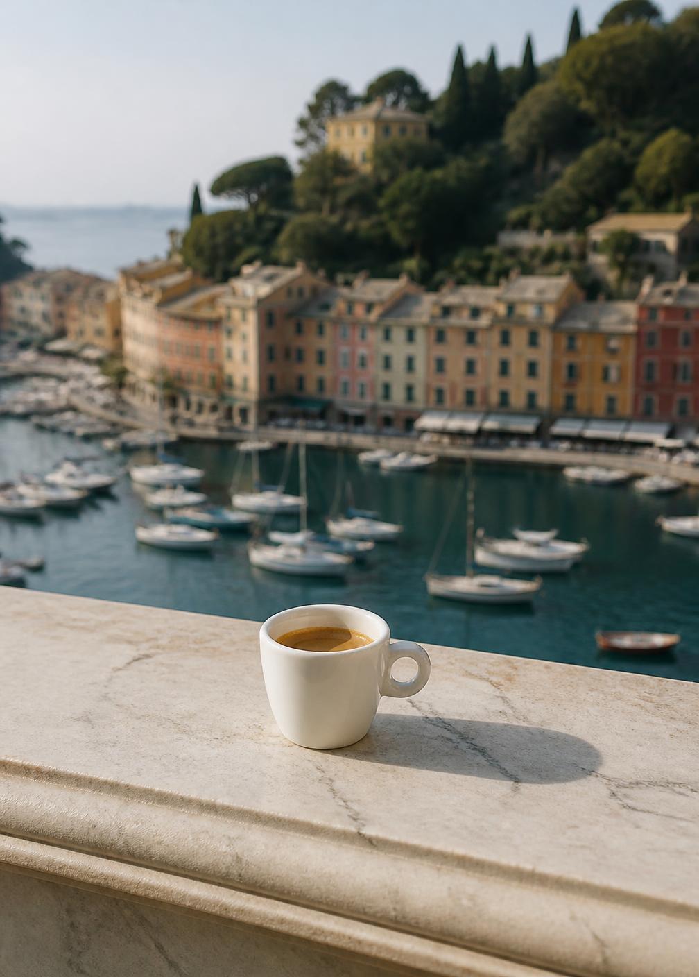 Single espresso in a white cup on a marble ledge high above the pastel façades and moored boats of Portofino harbour