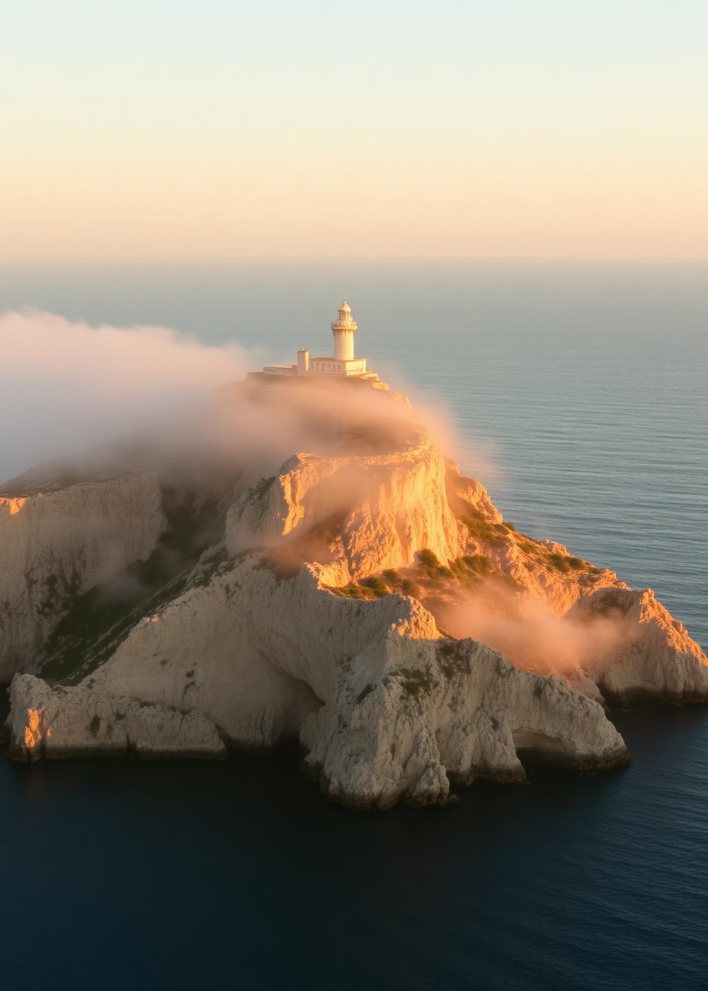 Cap de Formentor lighthouse on a limestone headland with morning mist drifting below it