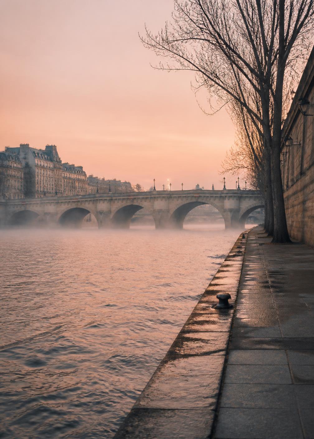 The Seine at dawn with mist on the water and the stone arches of the Pont Neuf in soft pink light