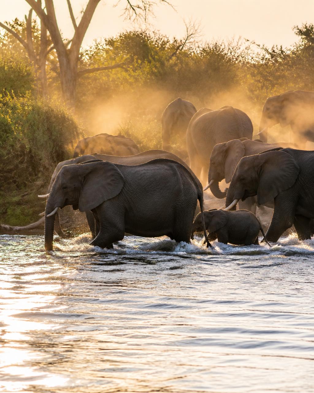 A herd of elephants crossing a shallow river at golden hour in Kruger National Park, backlit dust and water catching the sun