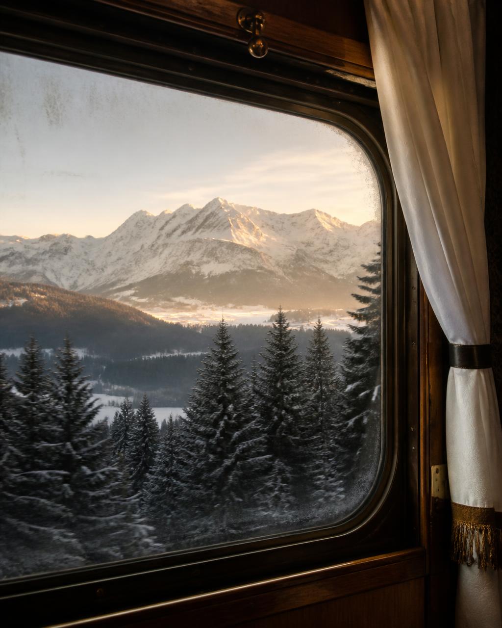Snow-covered Alpine peaks and dark pine forest seen through the brass-framed window of a vintage luxury train at dawn