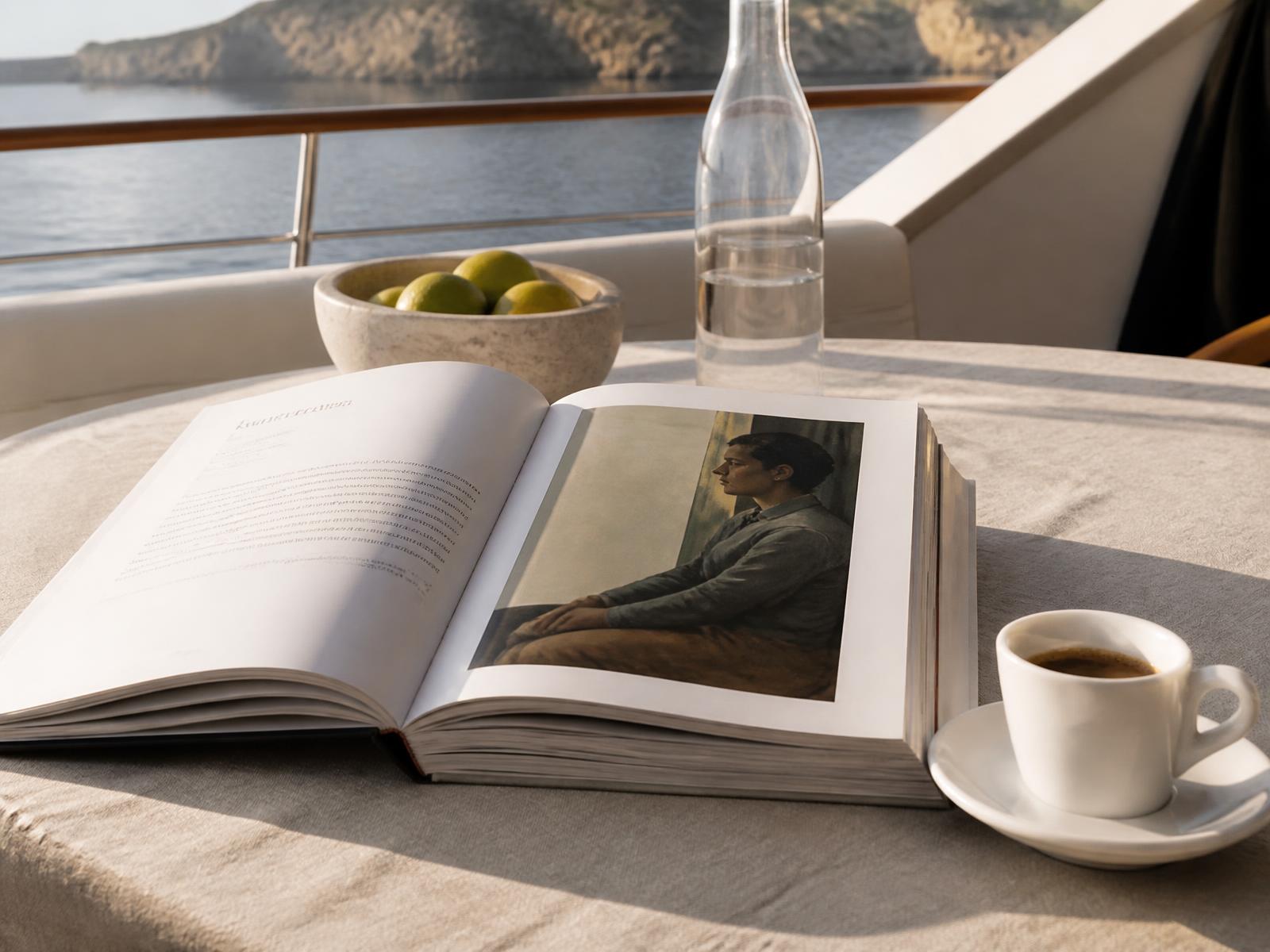 An open art book and an espresso cup on a linen-covered table on a yacht deck in morning Mediterranean light