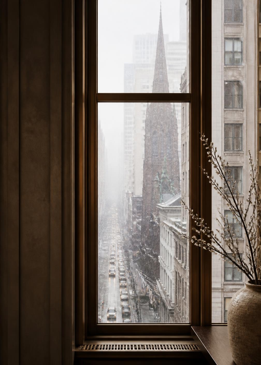 Snow falling over Fifth Avenue seen through a tall bronze-framed window from a quiet warm interior