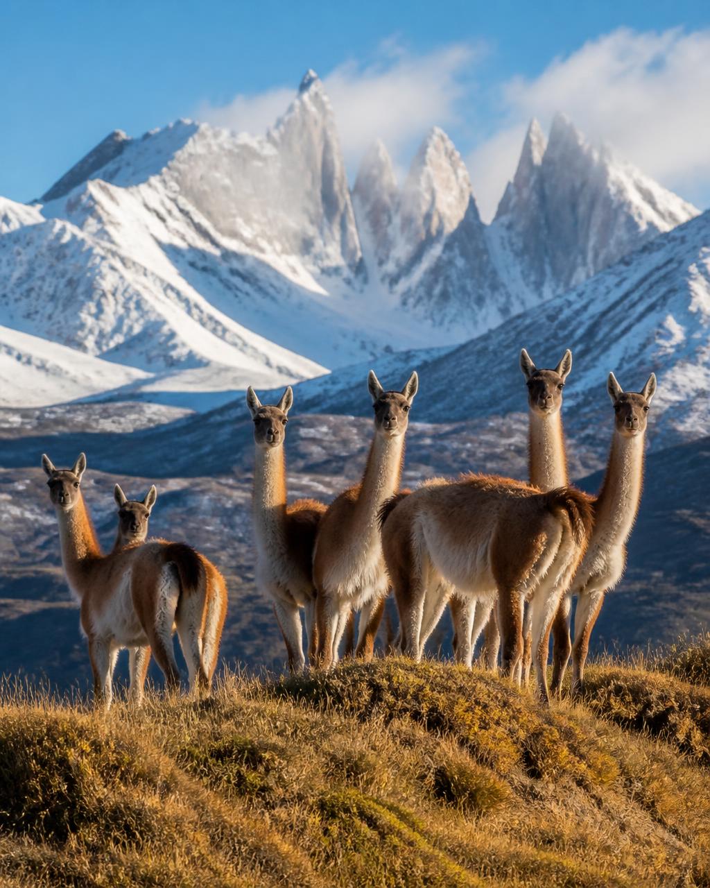 A small herd of guanacos standing on a golden Patagonian ridge at first light with snow-covered mountains behind