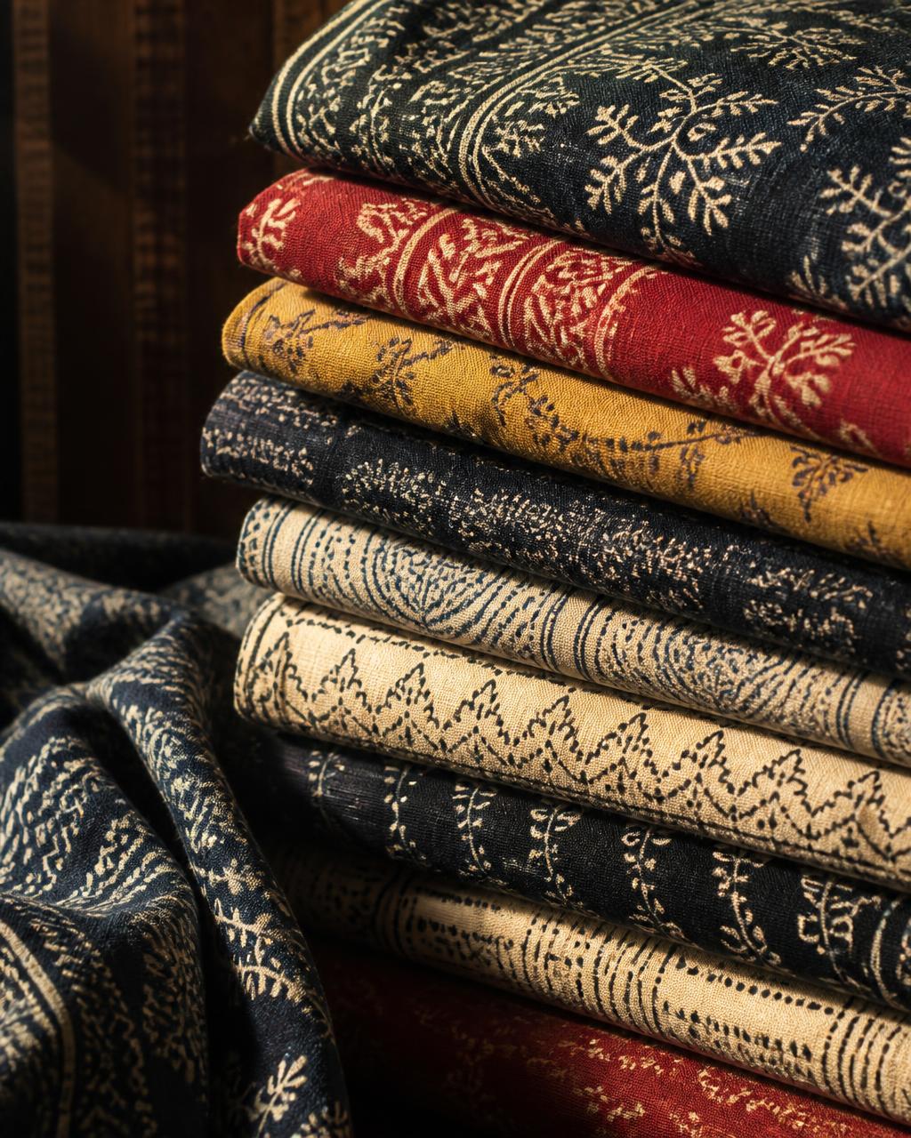 Stacked hand-block-printed Indian textiles in indigo, madder red and marigold, lit by warm afternoon light