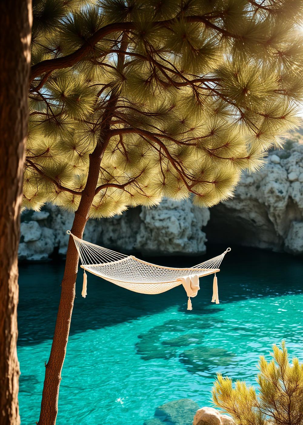 Linen hammock strung between umbrella pines above a clear turquoise Mallorcan cove