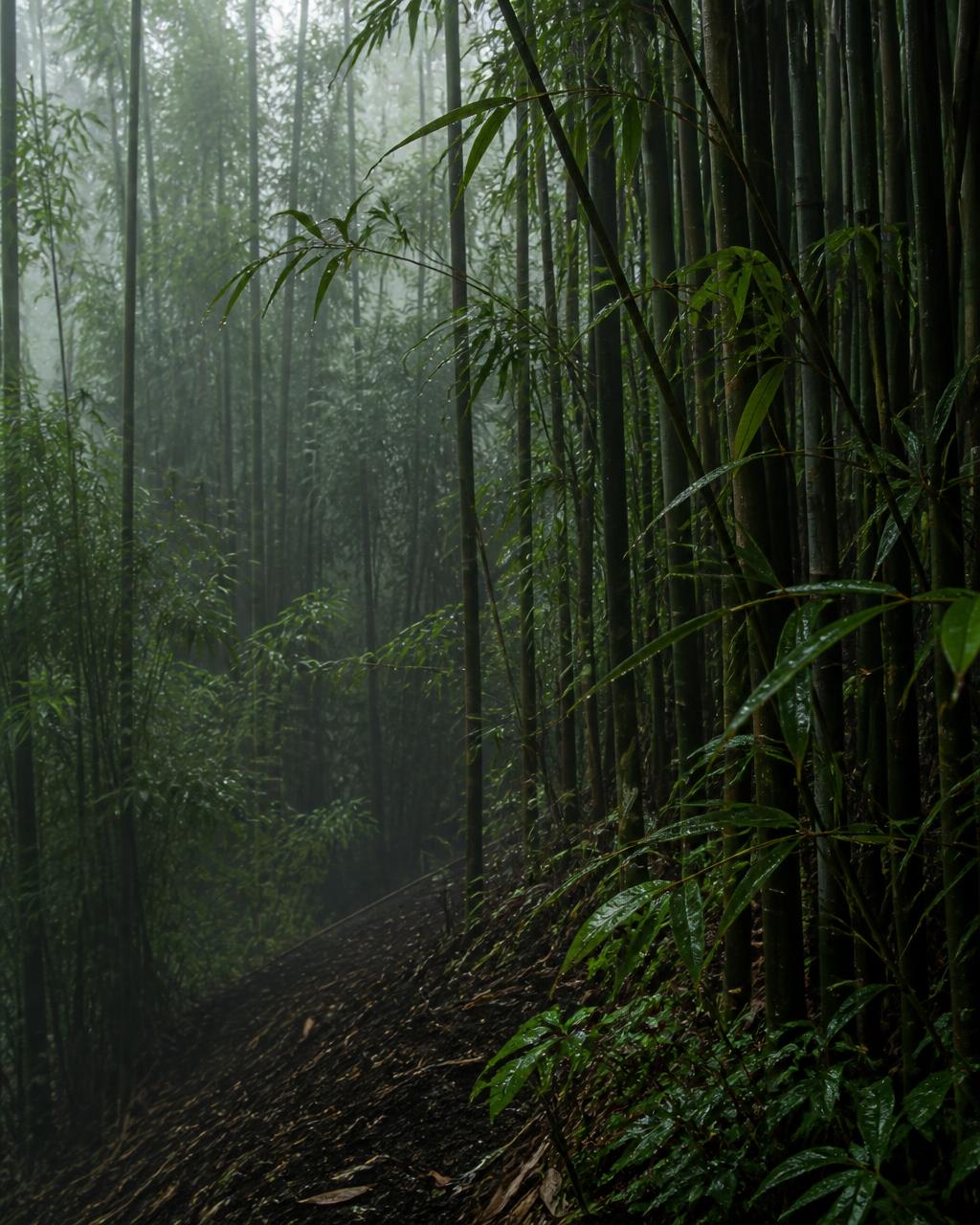 Mist drifting through dense bamboo forest on a volcanic slope in Rwanda