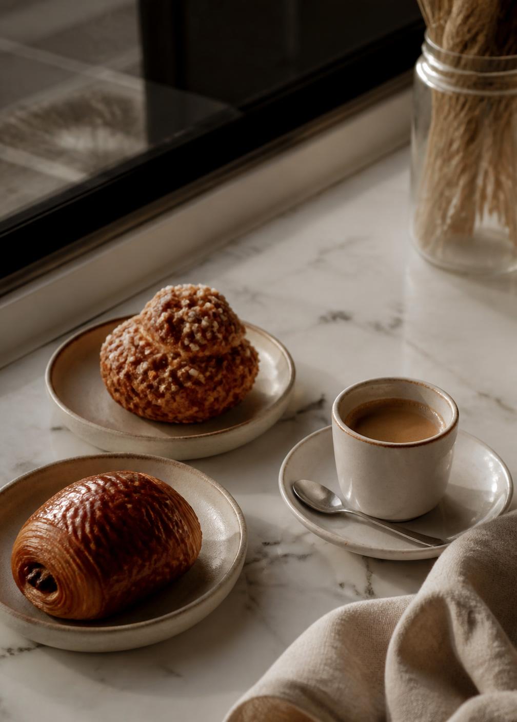 French pastries and an espresso on a marble counter in soft morning light with a linen napkin