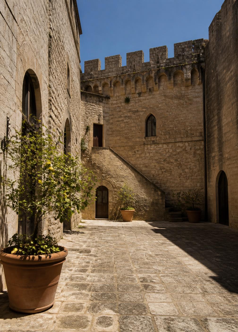 Empty stone courtyard of an old Tuscan castle with terracotta pots and lemon trees in hard midday light