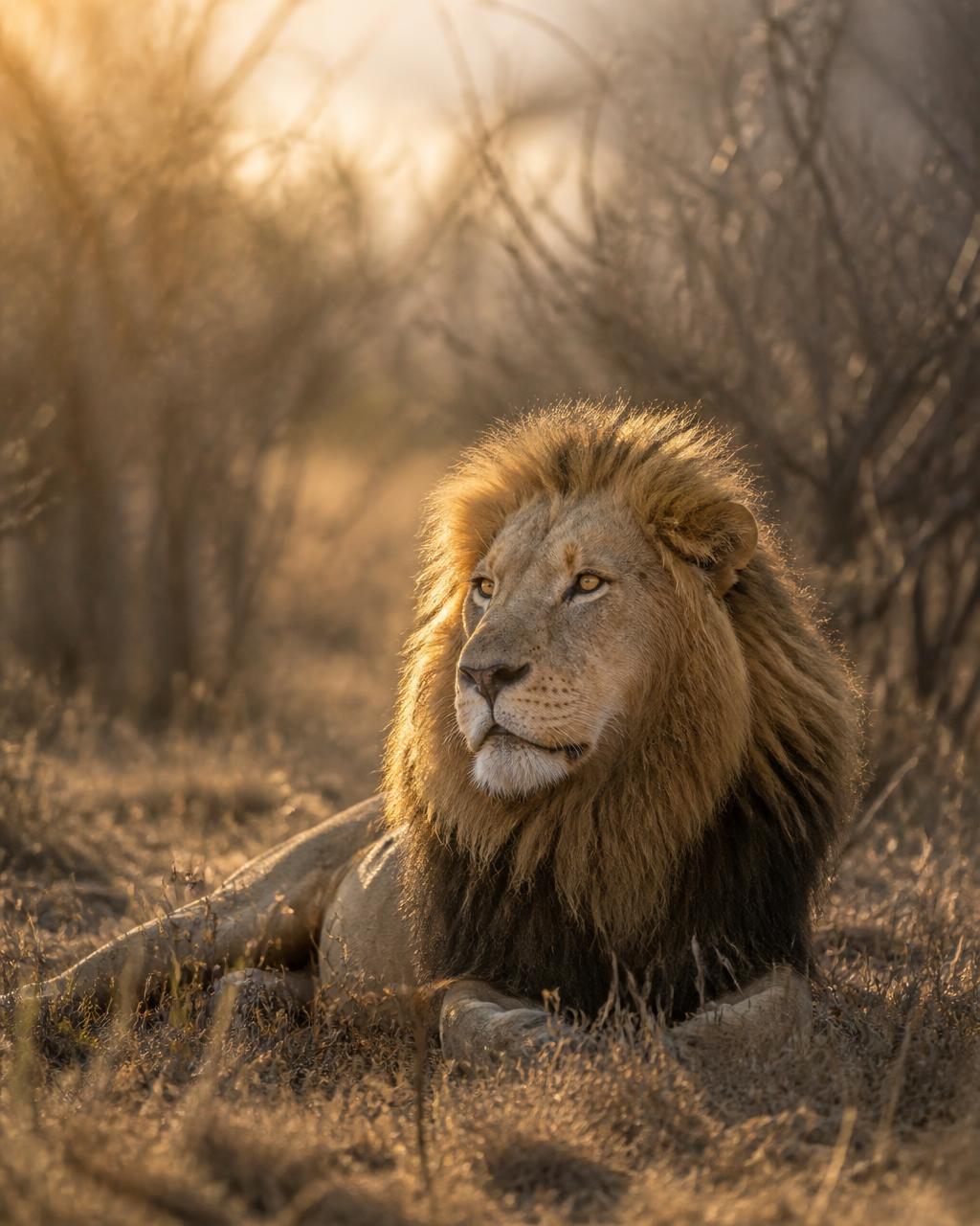 A male lion lying in dry golden grass at first light in the Kruger bush, warm backlight and dust in the air