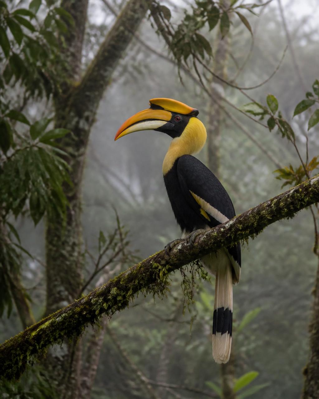 A great hornbill perched on a mossy branch high in a misty Malaysian rainforest canopy