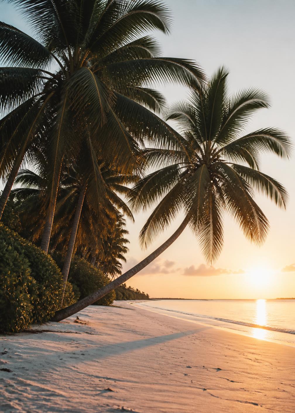 Coconut palms leaning over an empty white sand beach at sunrise with long soft shadows