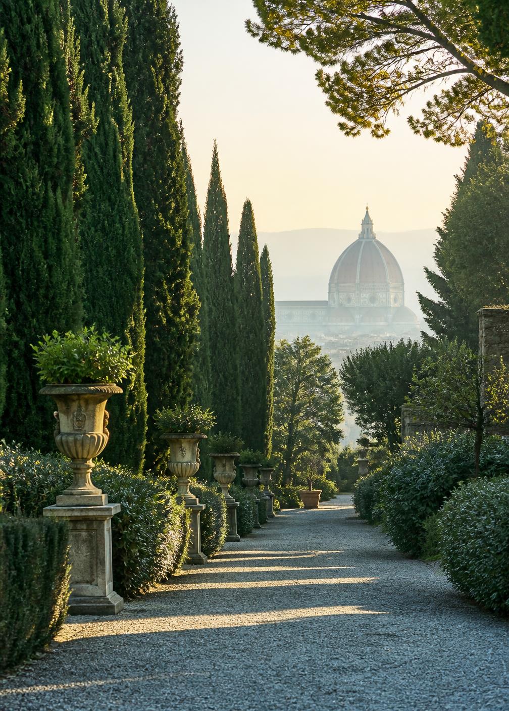 Gravel path through a private Italian garden lined with cypress trees and stone urns, the cathedral dome faint in the morning haze