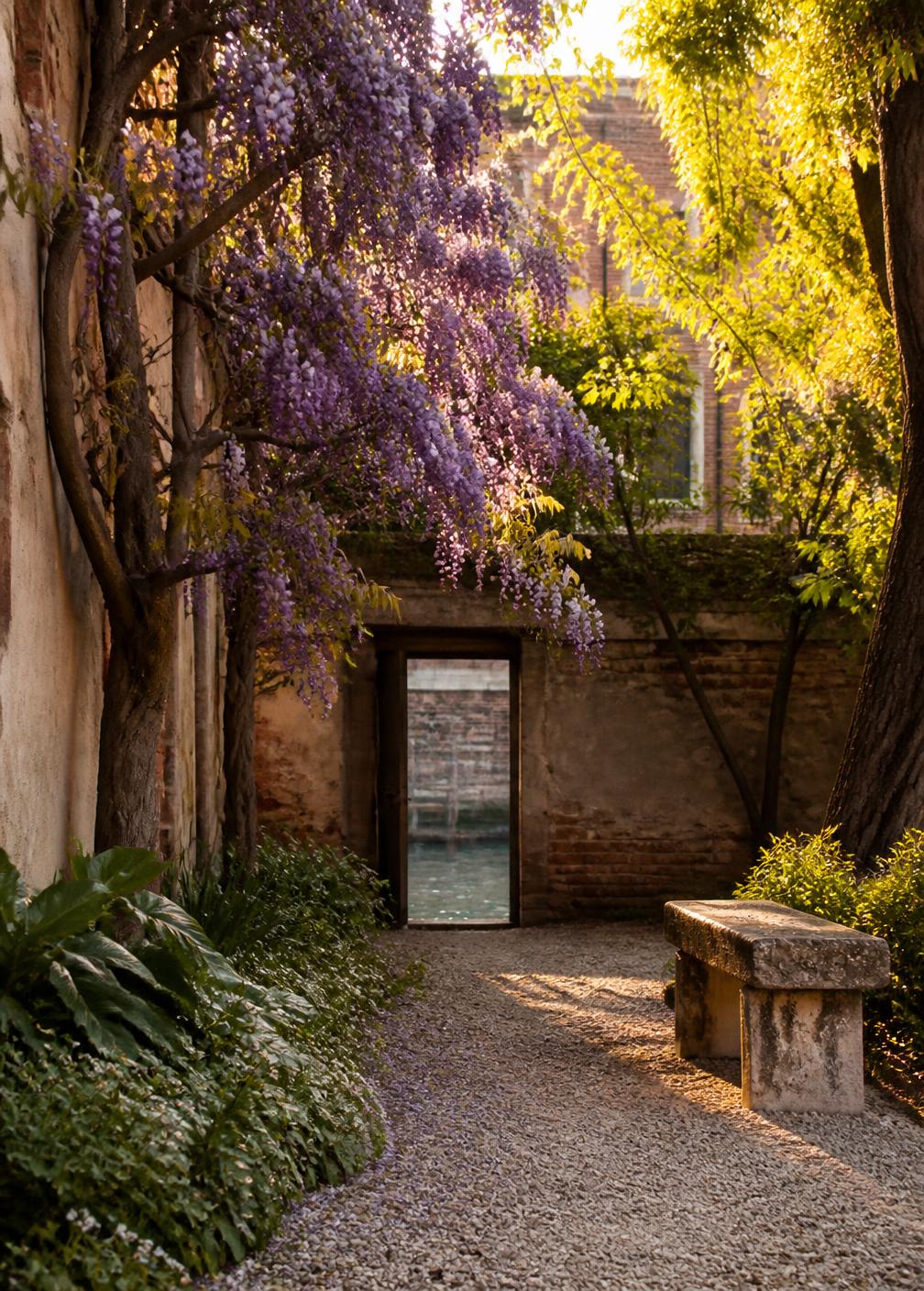 Private walled Venetian garden with wisteria, gravel path and a weathered stone bench in golden light