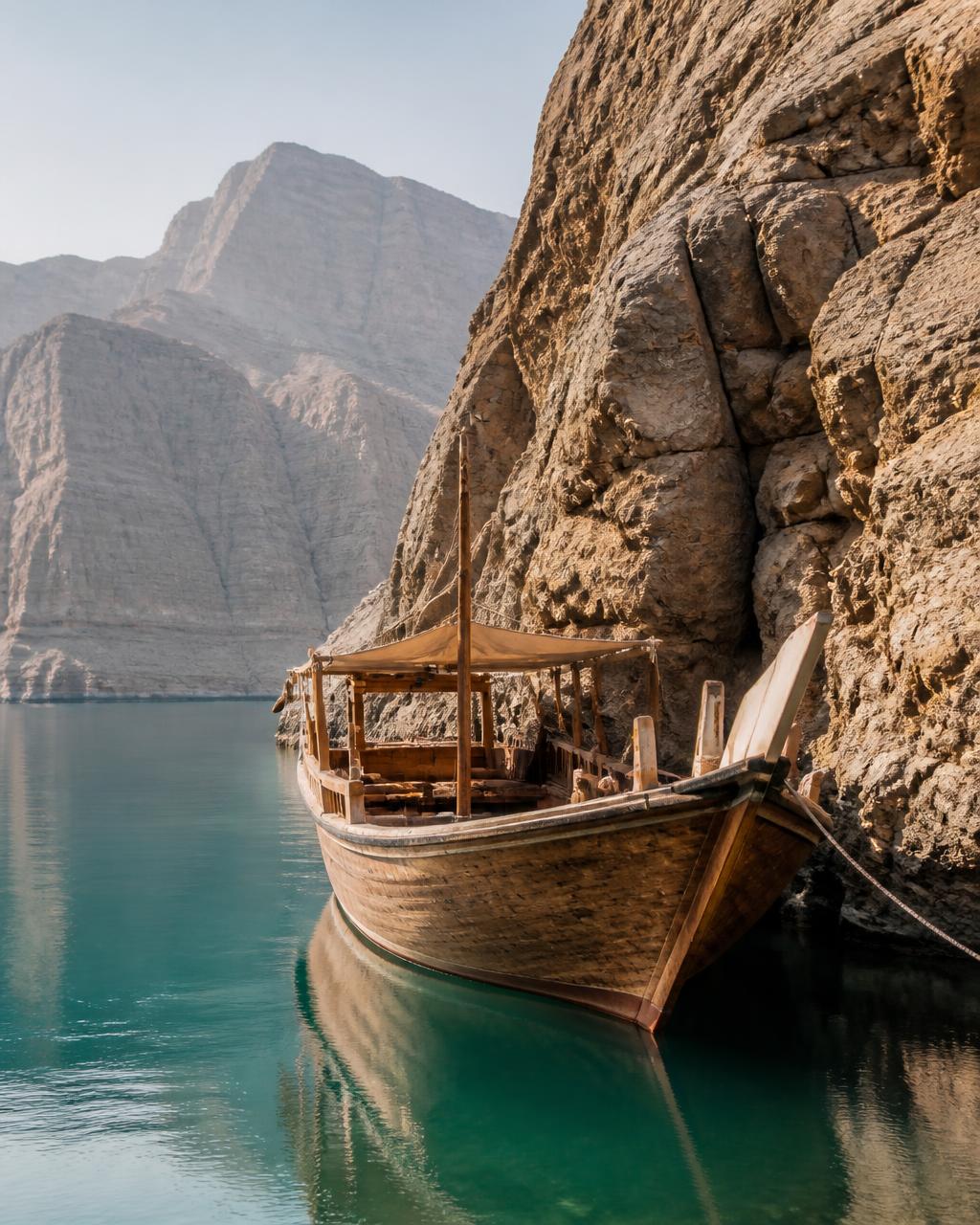 A traditional wooden Omani dhow moored in glassy turquoise water beneath the sheer cliffs of the Musandam fjords