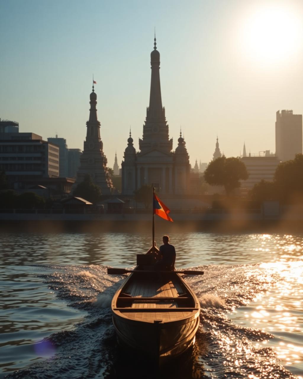 Wat Arun temple spires above the Chao Phraya River at first light with a wooden long-tail boat crossing the golden water