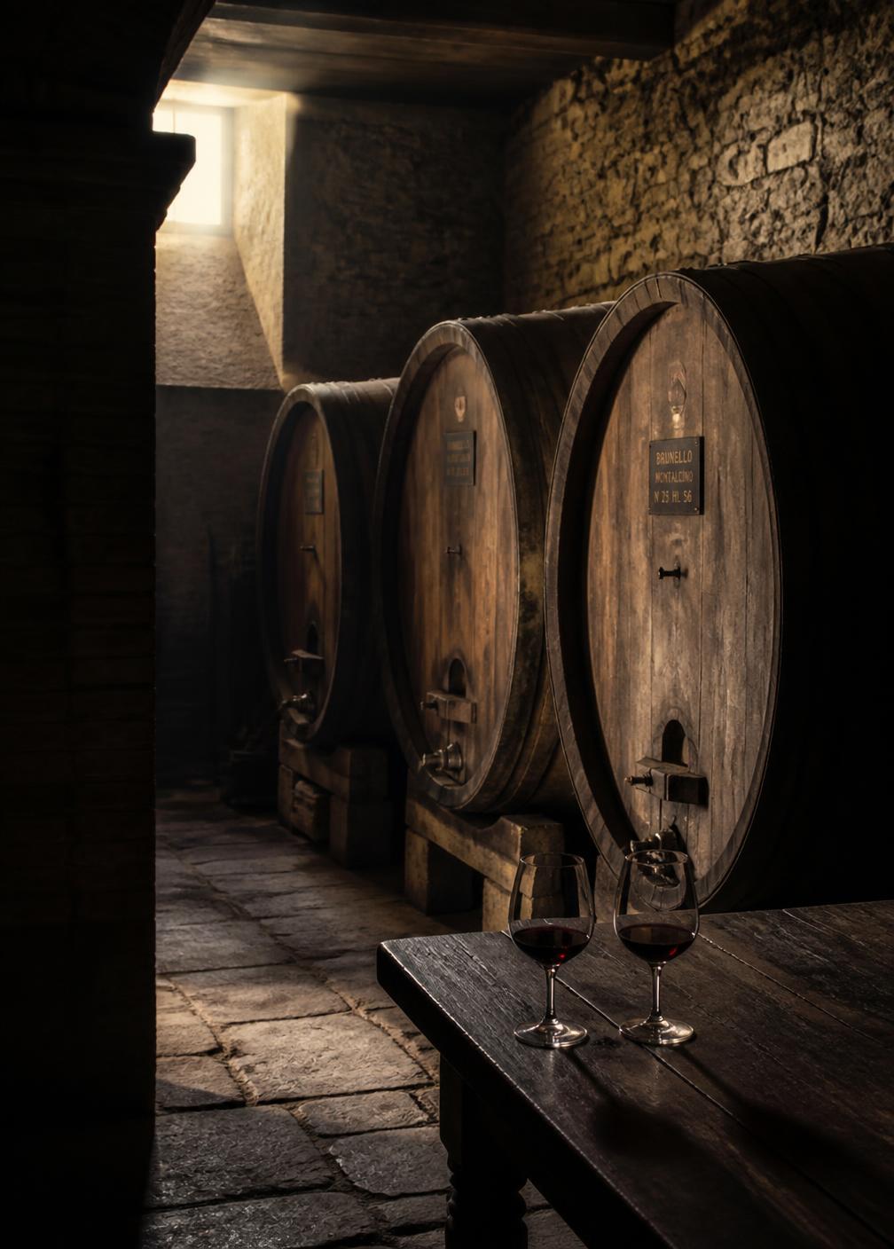 Old Tuscan cellar in Montalcino with large oak Brunello barrels and two glasses of red wine in a shaft of daylight