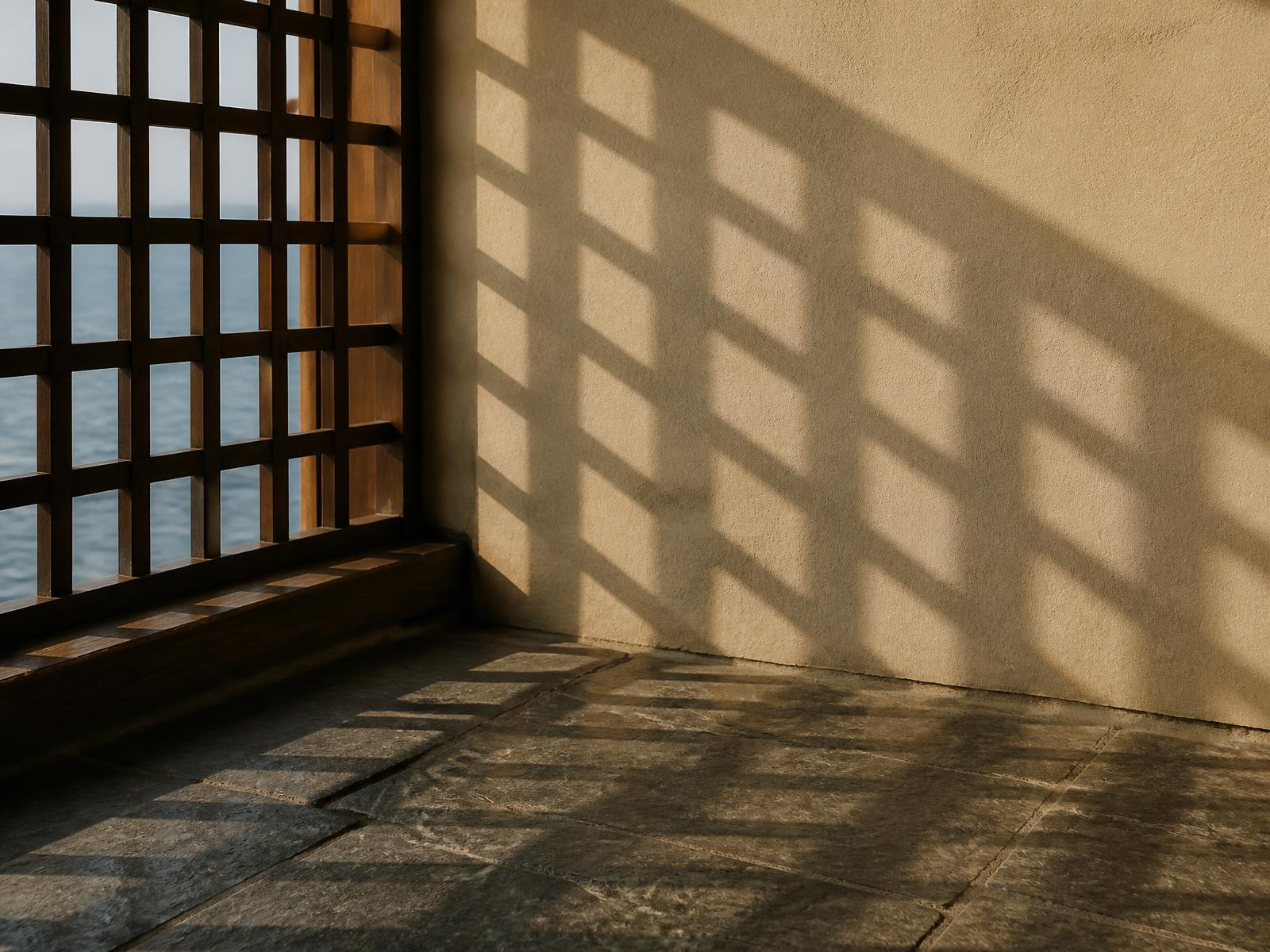 Shadow of a timber lattice screen falling across a pale plaster wall and stone floor
