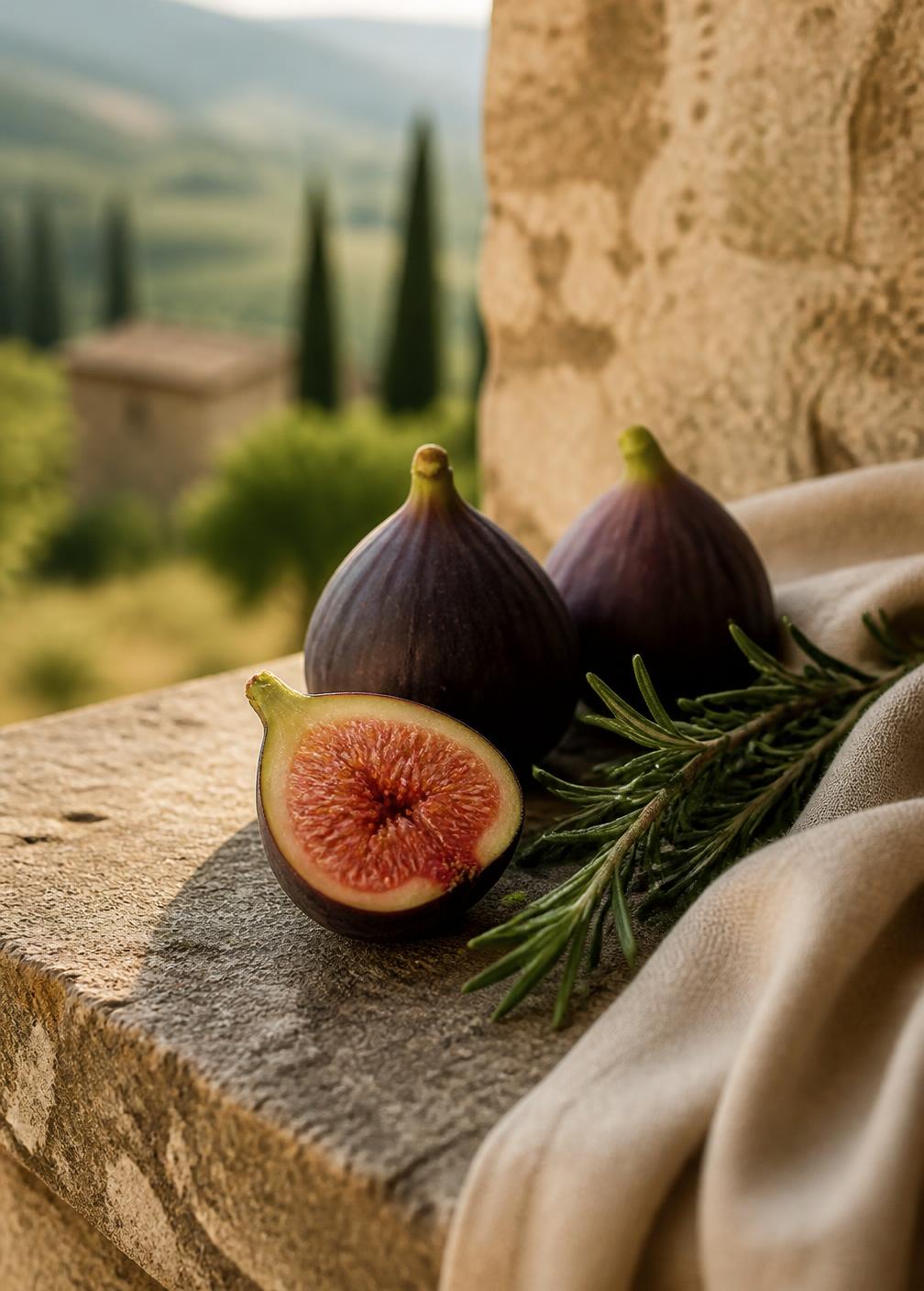 Fresh figs and a sprig of rosemary on a weathered stone ledge above the Tuscan hills