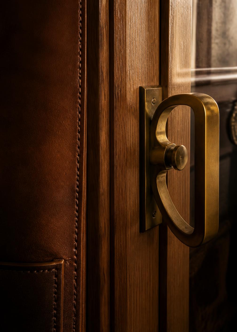 Detail of French craftsmanship: hand-stitched leather, oak joinery and an aged bronze handle in raking light