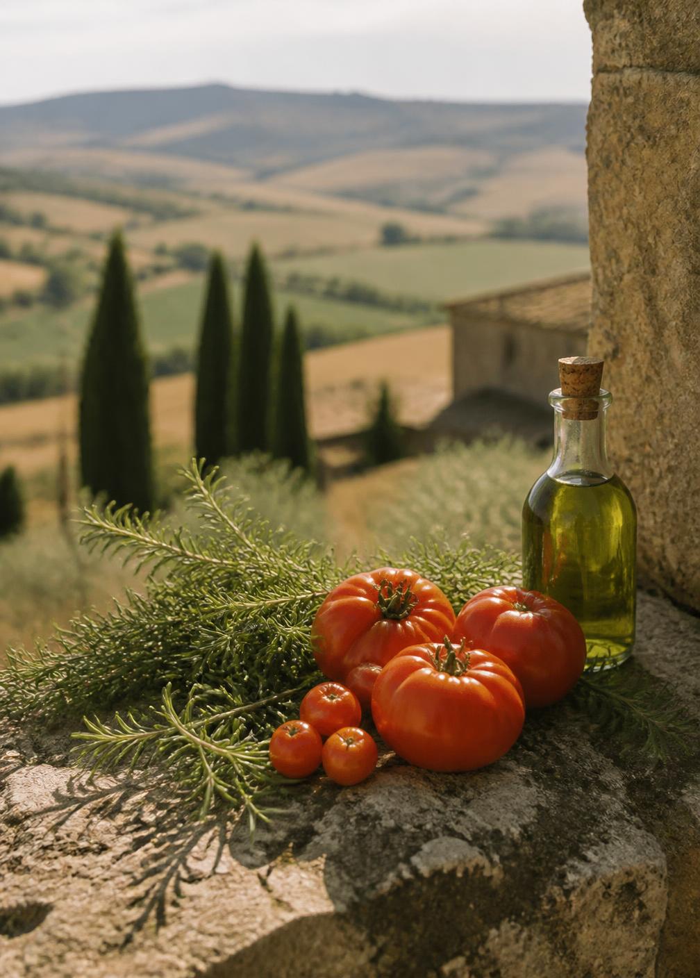 Rosemary, sun-warmed tomatoes and a bottle of green olive oil on a weathered limestone ledge above the Tuscan hills