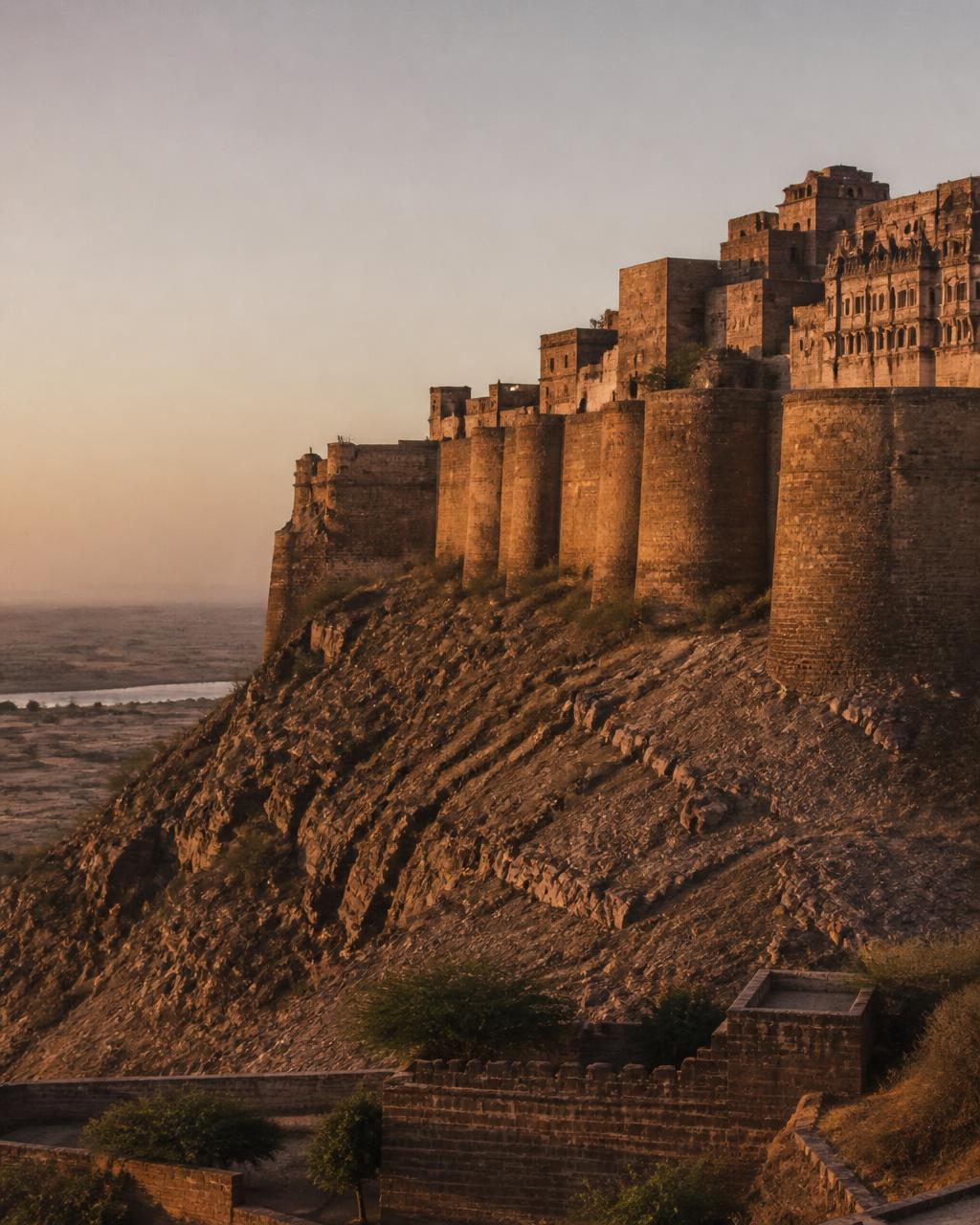 A vast Rajasthani sandstone fort rising above the desert plain in golden evening light