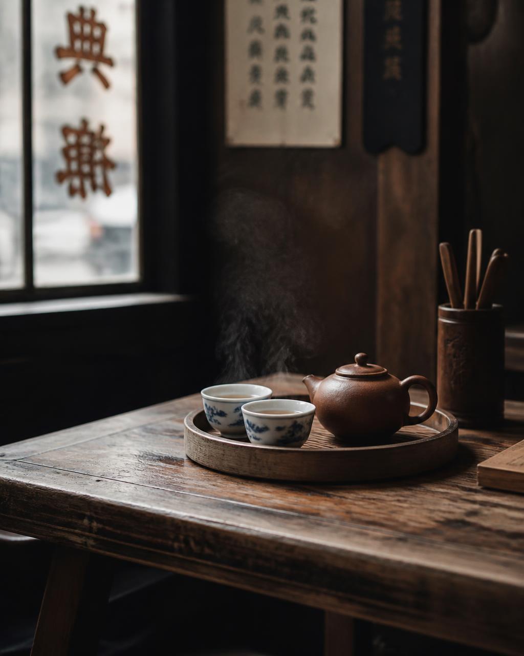 A clay teapot and two porcelain cups on a worn wooden table in a quiet Hong Kong tea house with soft window light