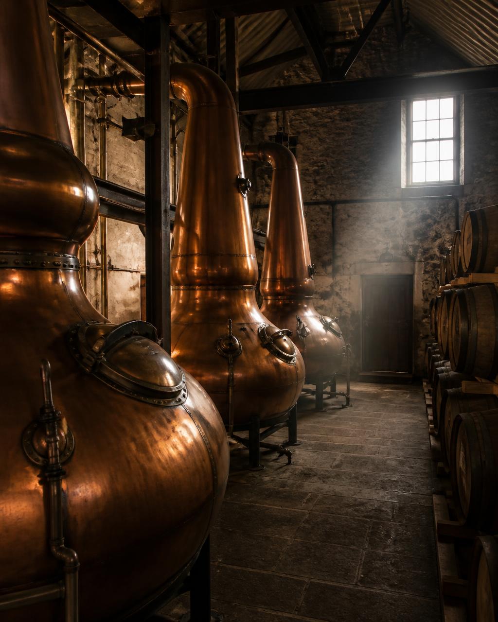 Glänzende kupferne Brennblasen in einer traditionellen schottischen Whiskybrennerei, gestapelte Eichenfässer in einem dämmrigen Steinlager