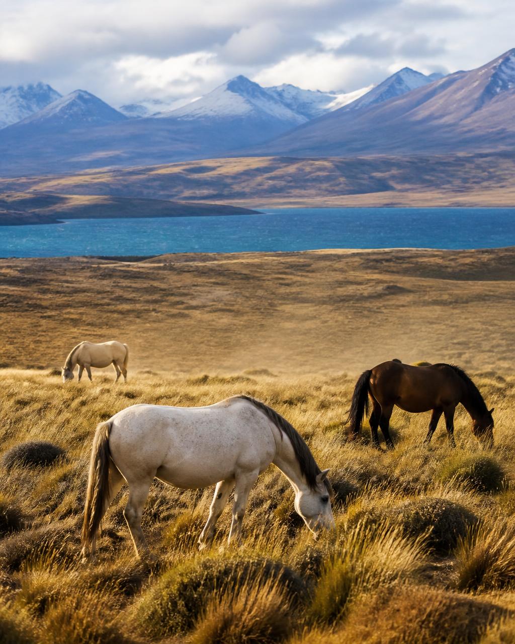 Horses grazing free on an open Patagonian grassland plain above a blue glacial lake in windy late afternoon light