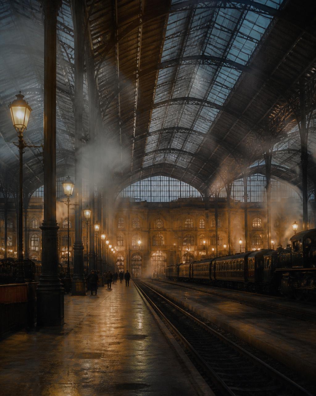 Vast iron and glass vault of a historic European railway station at dusk with steam drifting under amber lamps