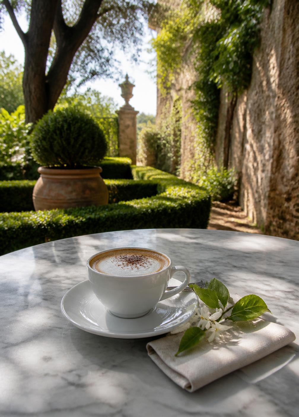 A single cappuccino on a marble table in a walled Italian garden with clipped box hedges and dappled morning light