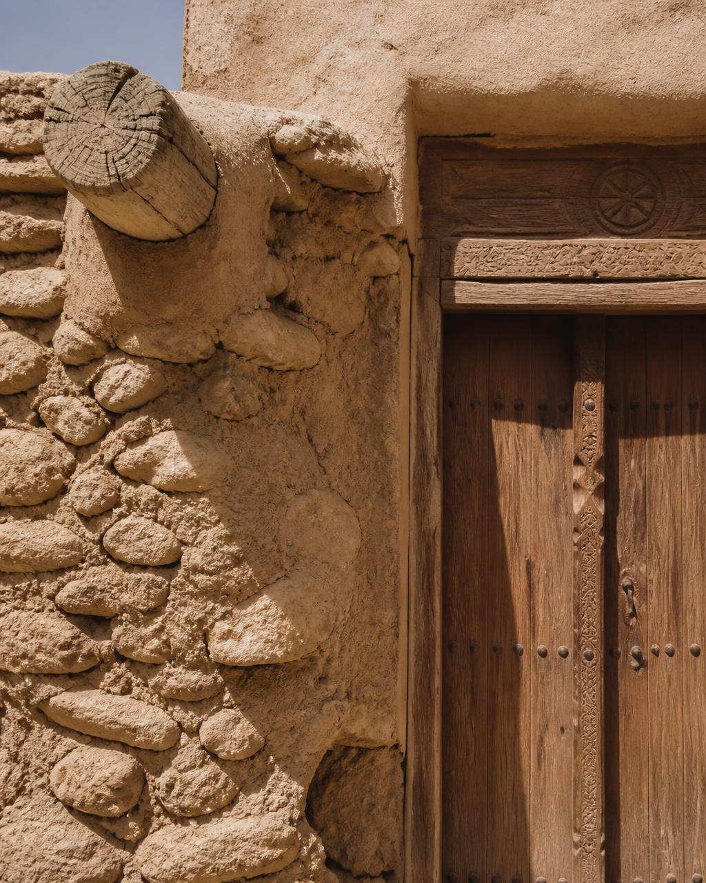 Close detail of a hand-laid stone and earth-plaster wall with a weathered palm-wood beam and a carved timber door studded with iron