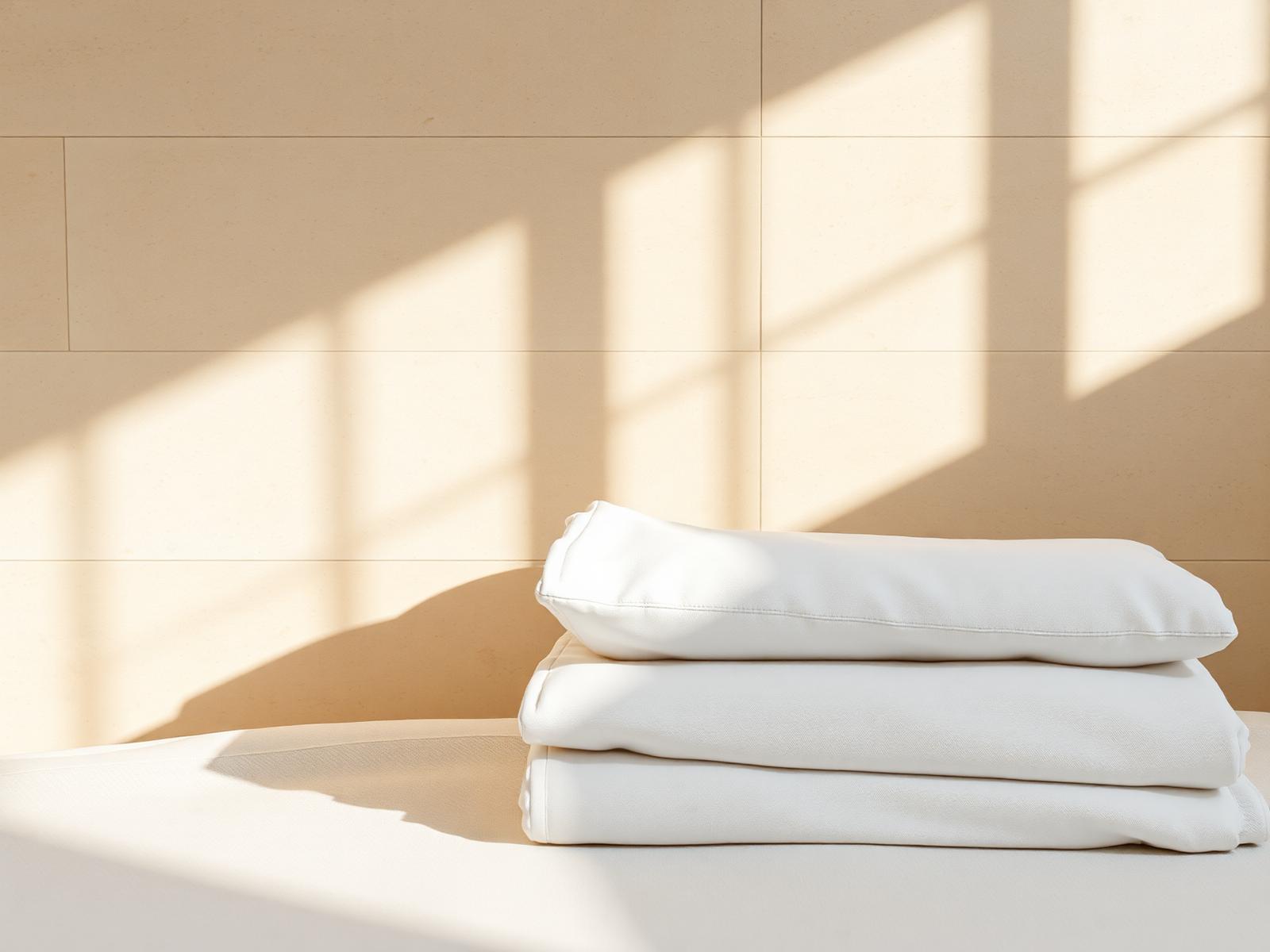 Sunlight and window shadow falling across a warm travertine wall above folded white linen