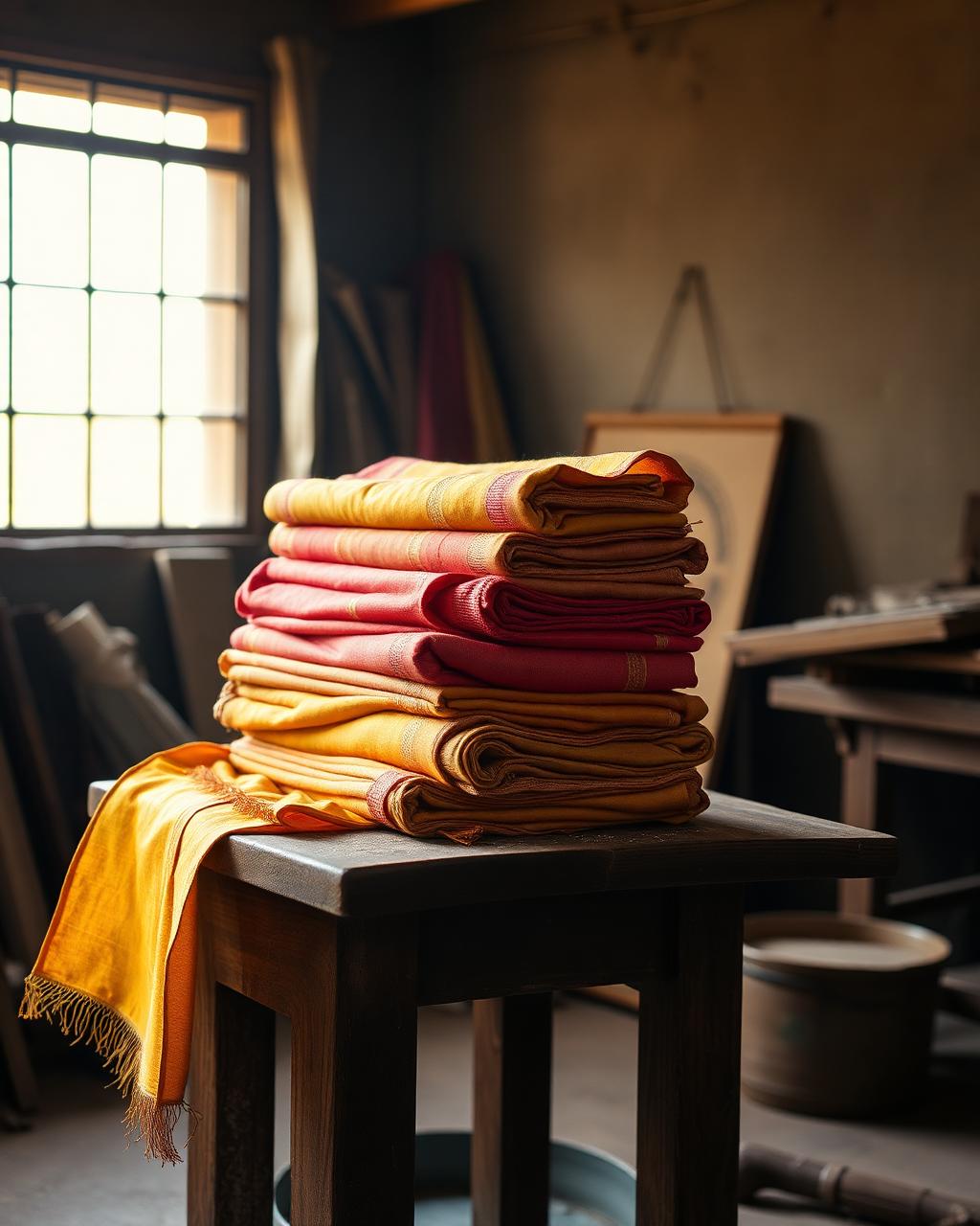 Folded lengths of hand-woven Thai silk in ochre and saffron on a teak table in an artisan workshop with warm window light