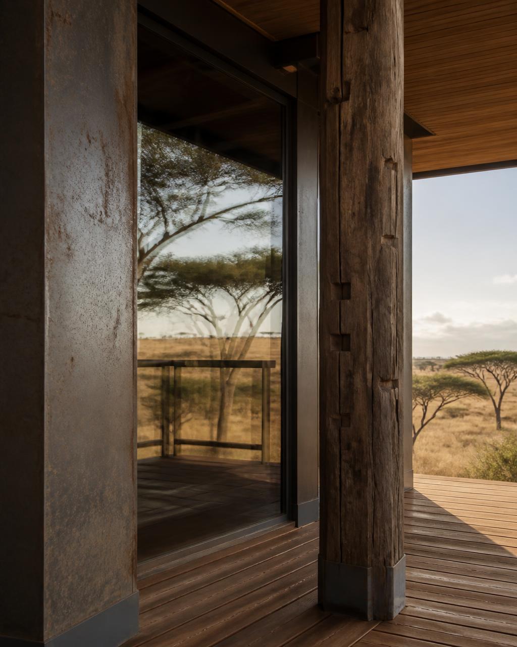 Detail of glass, weathered steel and timber on a modern safari lodge deck with acacia trees reflected in the glass