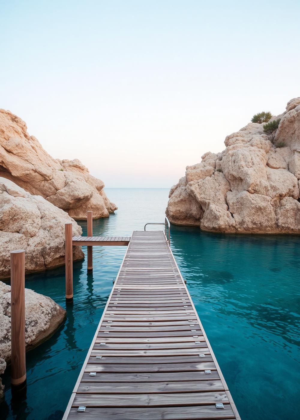 Empty wooden bathing jetty reaching into still turquoise water between pale rocks at first light