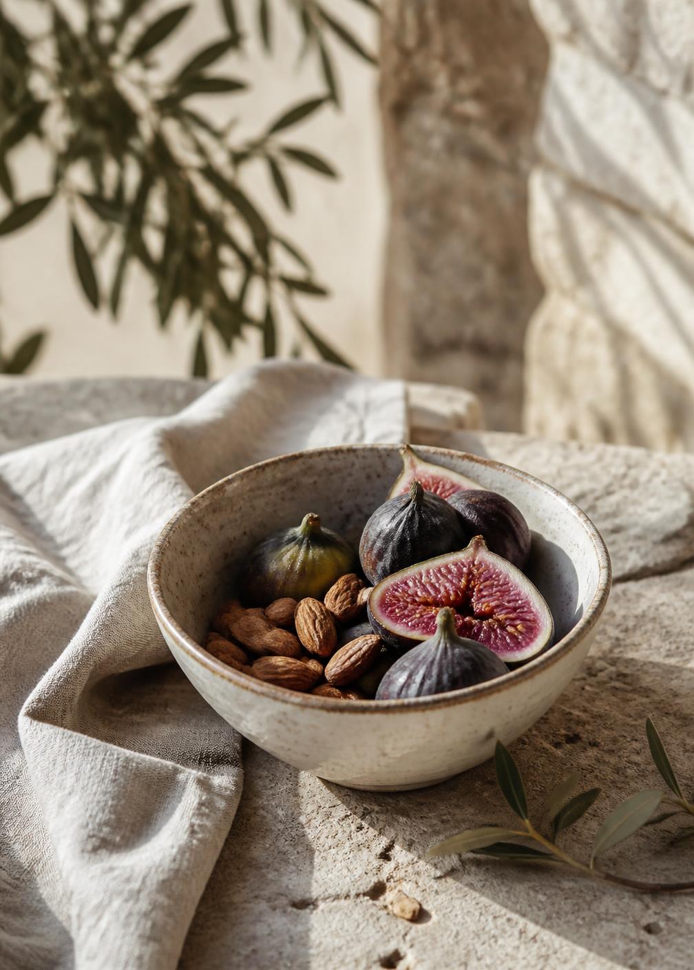 Fresh figs and almonds in a handmade ceramic bowl on a rough stone table with linen cloth