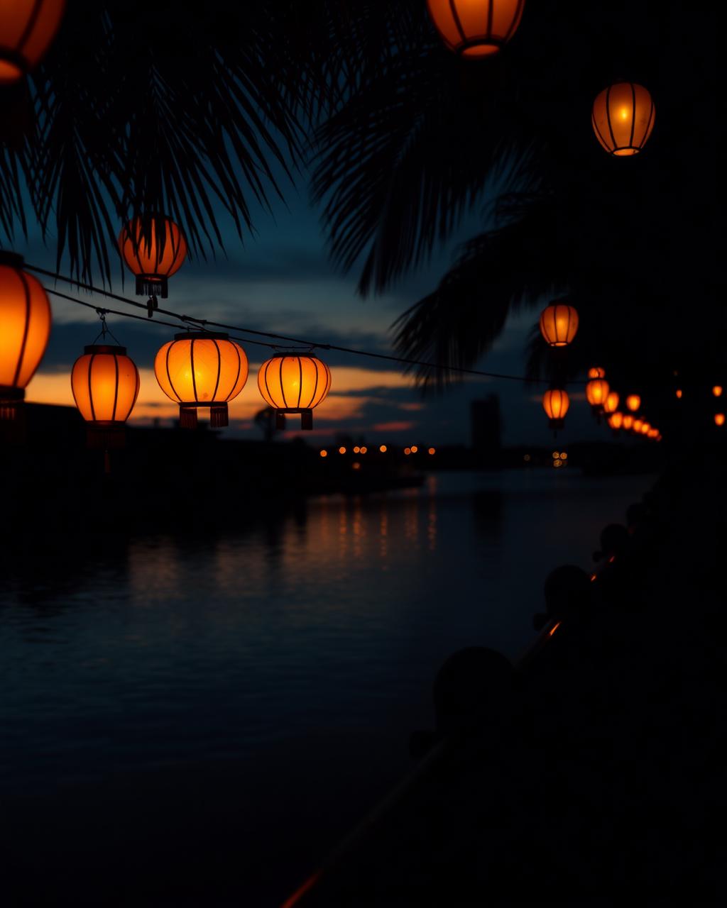 Paper lanterns glowing above the dark Chao Phraya River after sunset with palm silhouettes and reflections on the water