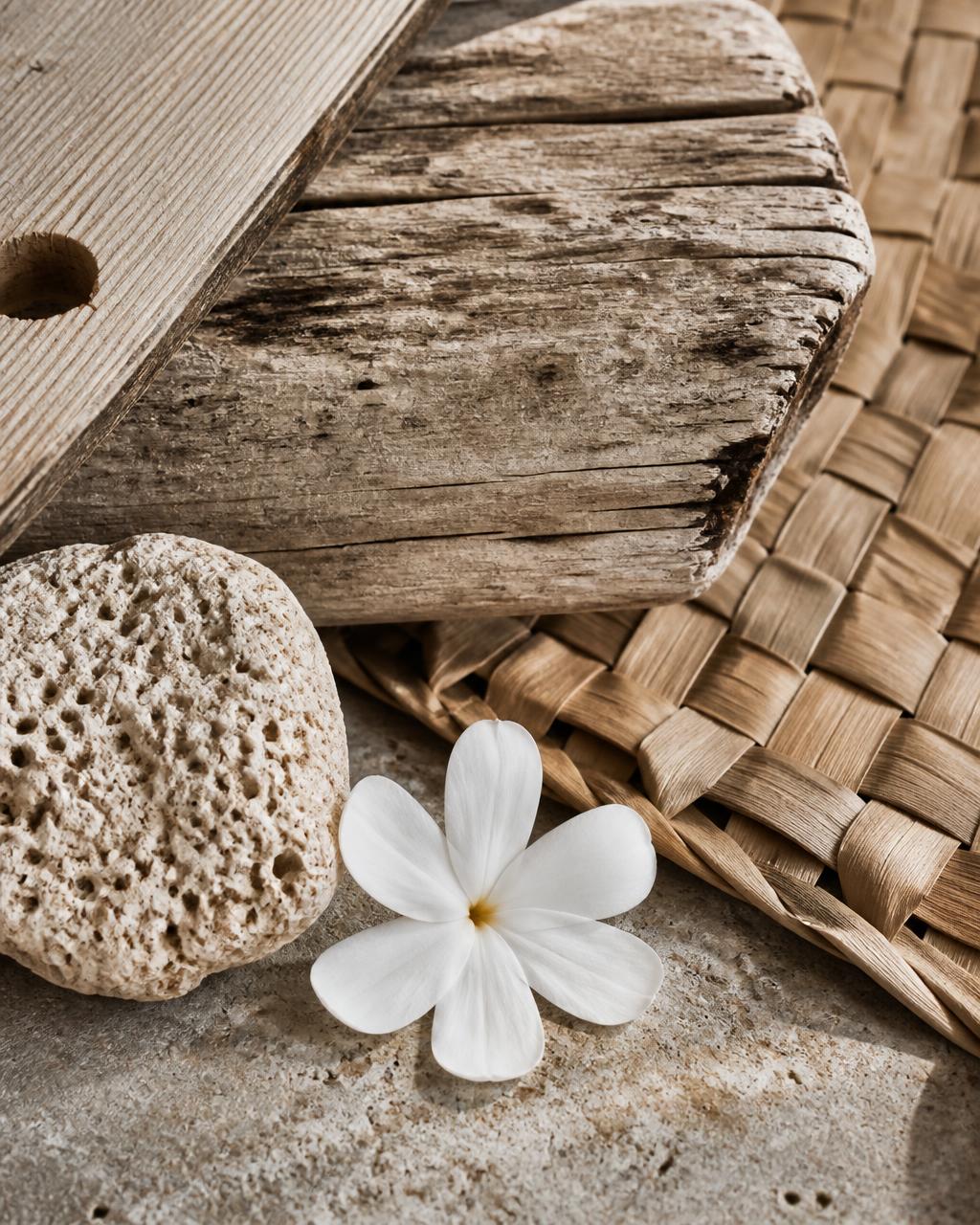Close detail of weathered pale timber, woven pandanus matting, coral stone and a single tiare flower