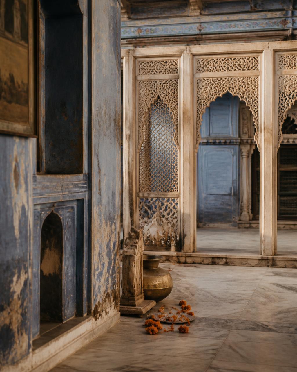 Carved stone lattice screens and faded blue walls of an old Indian haveli courtyard with a brass vessel and marigold petals
