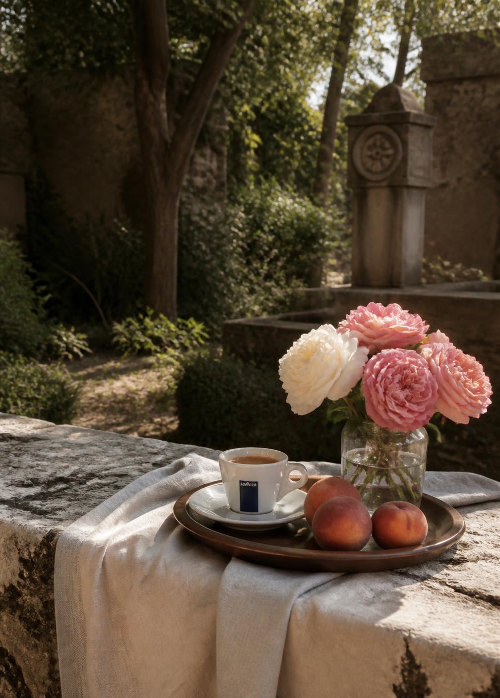 Breakfast tray on linen in a Venetian garden with espresso, peaches and garden roses in dappled sunlight