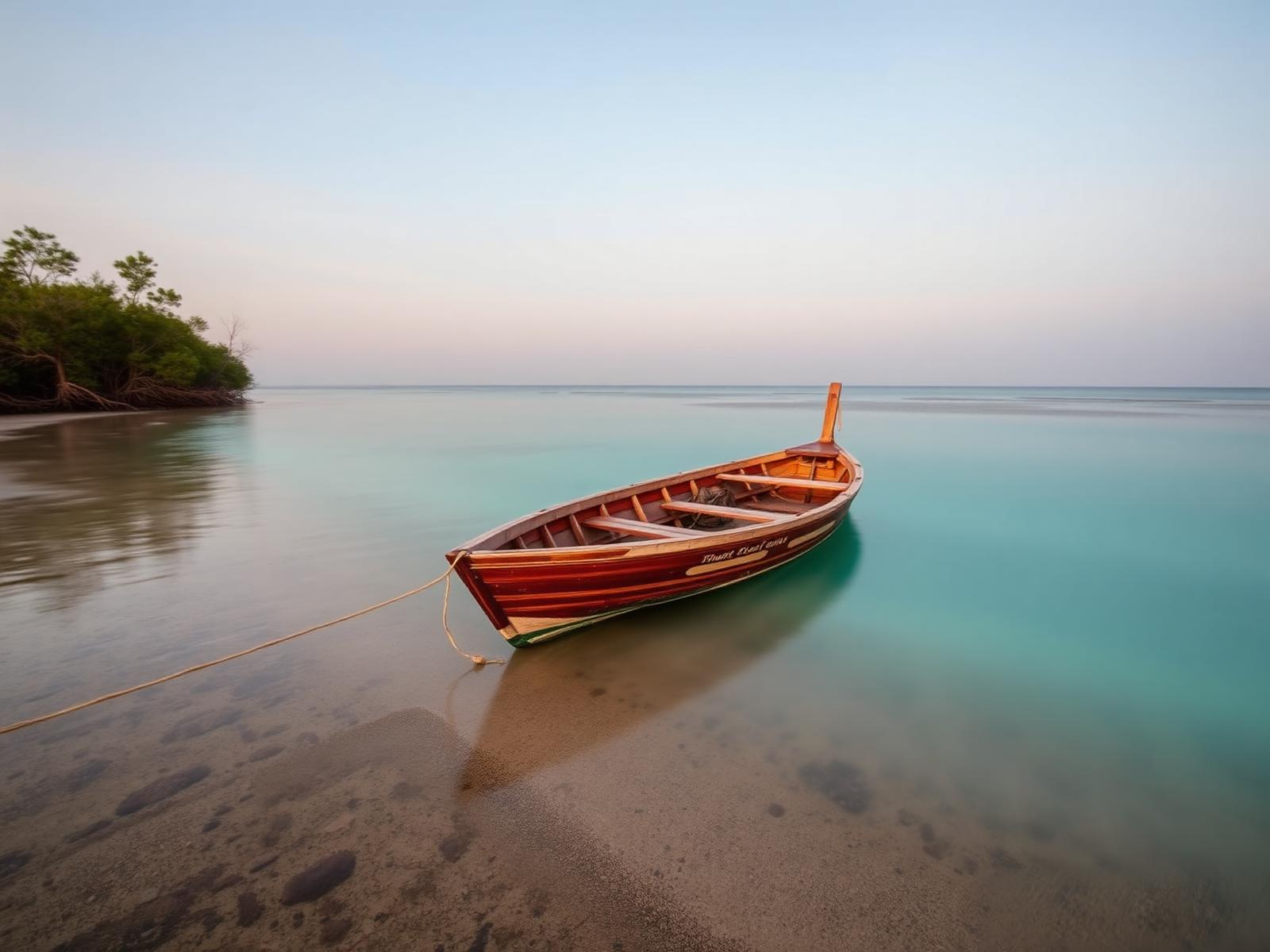 A small wooden boat moored in still turquoise water beside a mangrove shoreline at dusk
