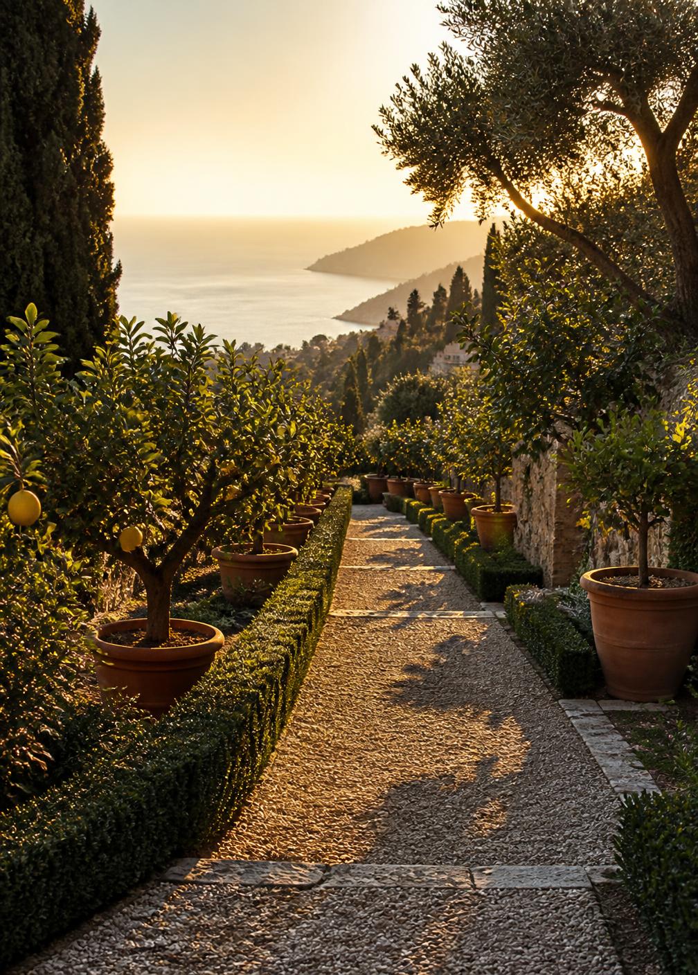 Italian terraced garden path with lemon trees in terracotta pots, clipped hedges and cypress descending toward a golden sea at sunset