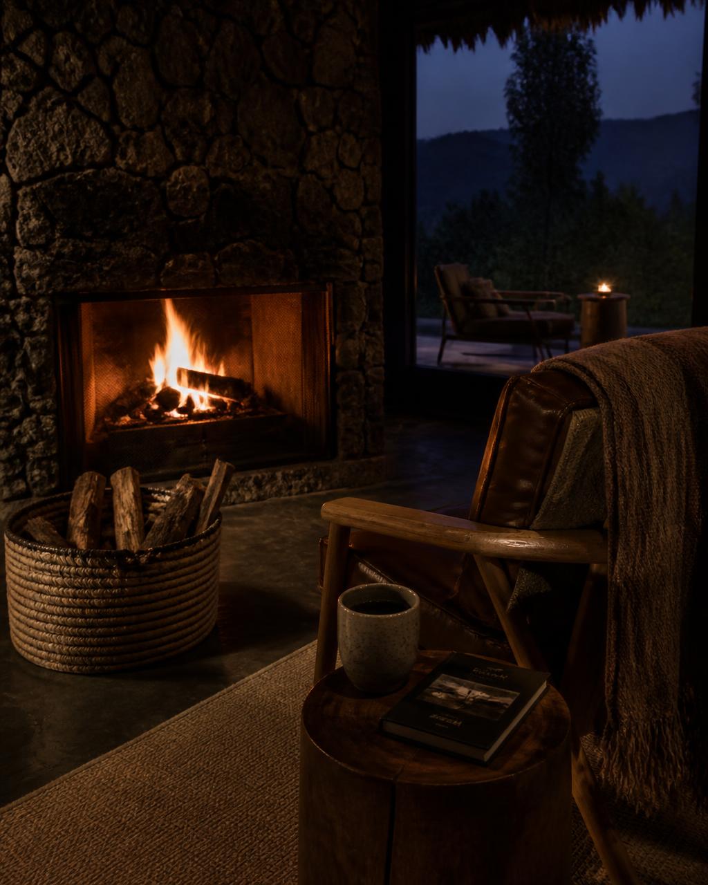 Firelight in a volcanic stone fireplace at a Rwandan forest lodge at dusk with a basket of logs and a wool blanket