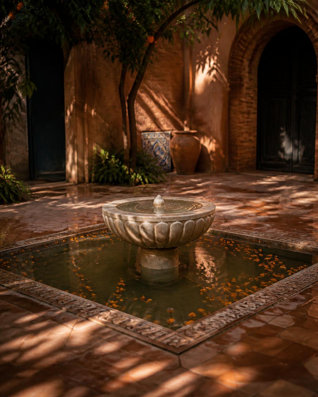 Carved stone fountain in a Moroccan courtyard with still water, floating orange blossom petals and terracotta paving in dappled evening light