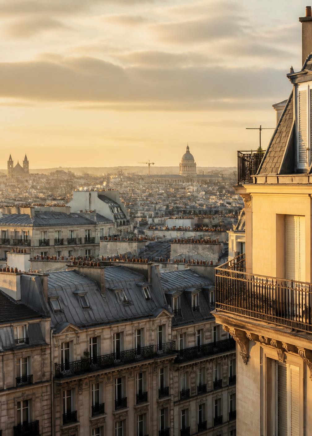 Parisian zinc rooftops and limestone façades in golden evening light seen from a high balcony