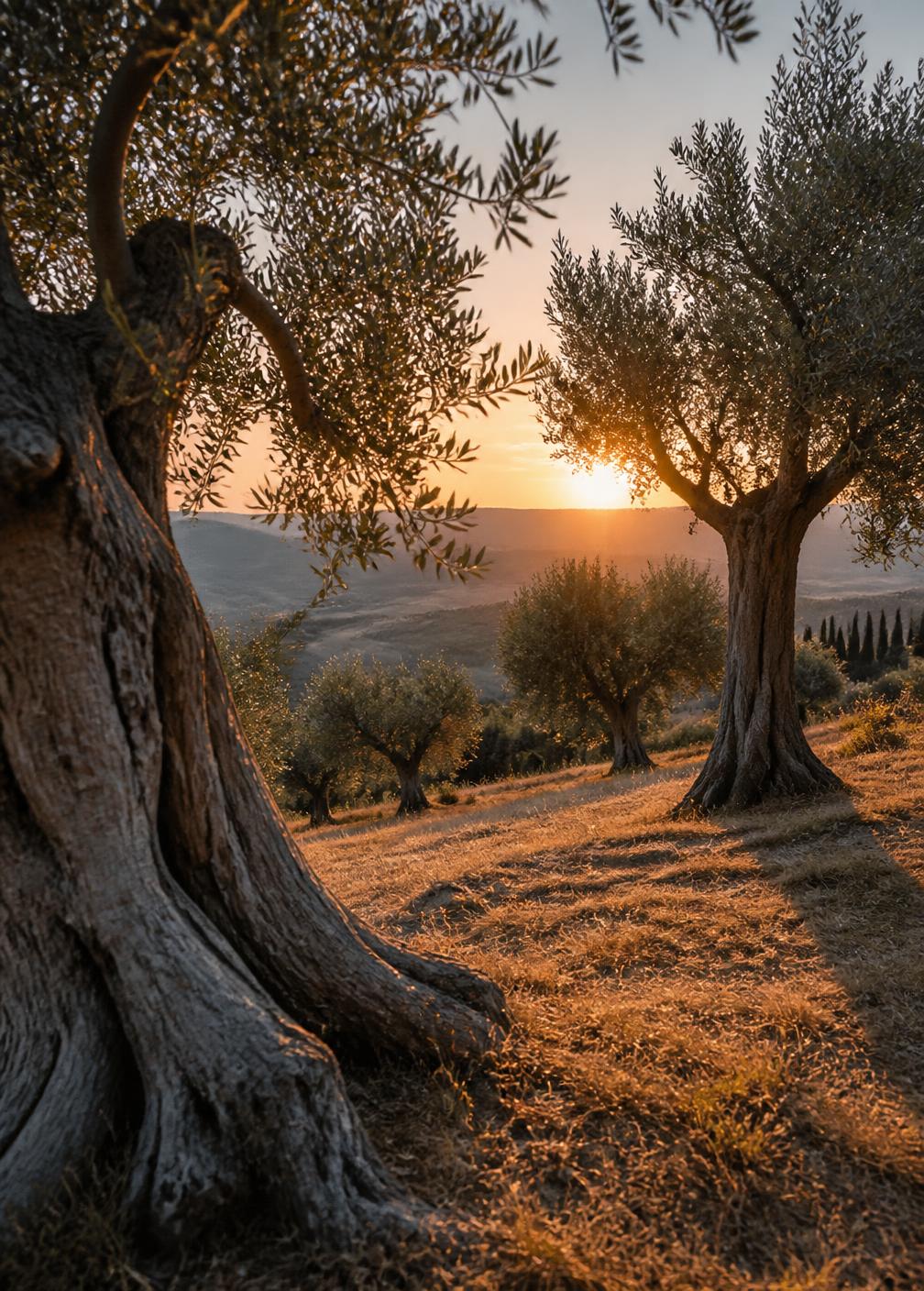 Ancient olive grove on a Tuscan hillside at sunset with long shadows across dry grass