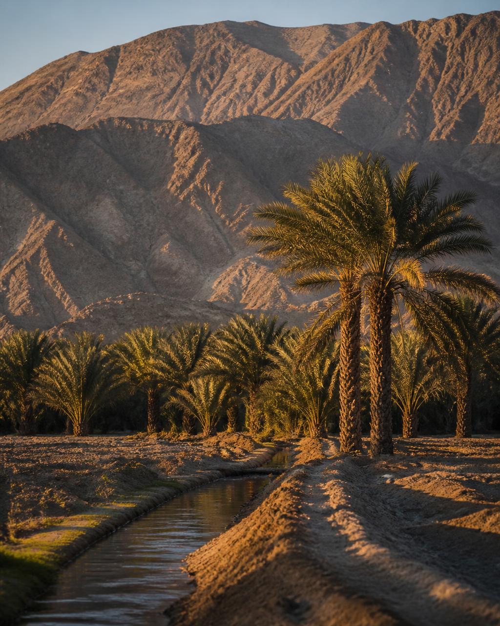Date palm grove in low golden evening light with long shadows falling across sand and a narrow irrigation channel