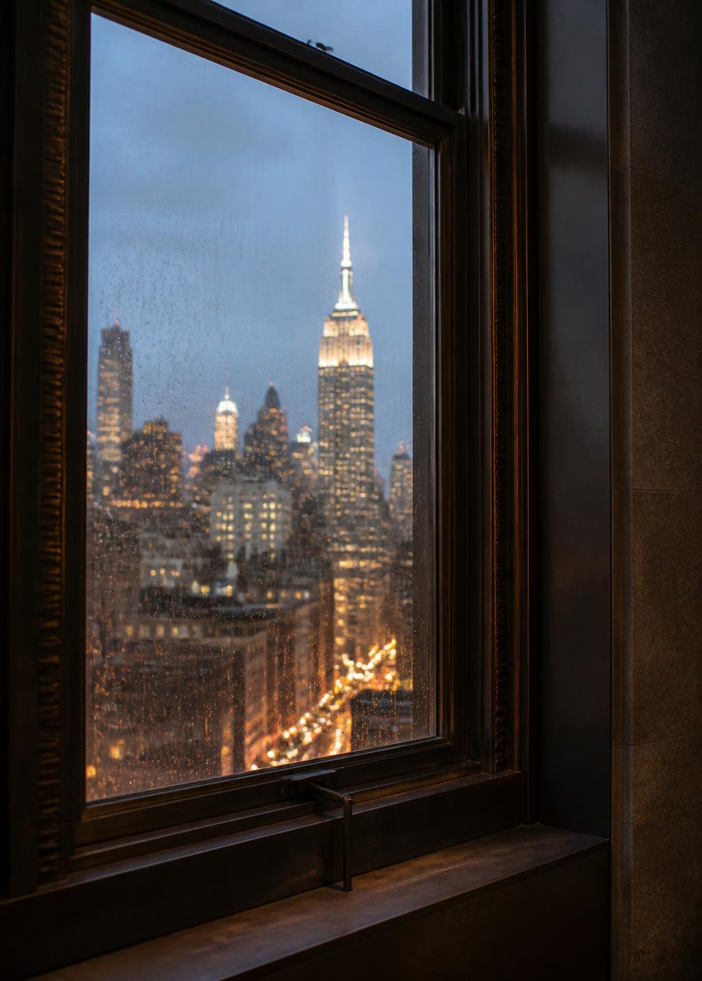 Rain on a bronze window frame at dusk with the lights of Midtown Manhattan blurred beyond