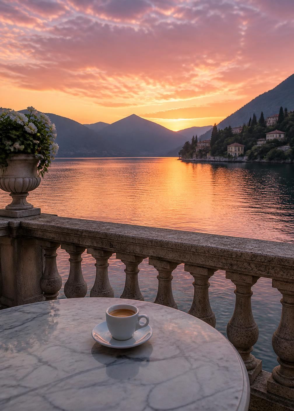 Sunset colours reflected across Lake Como from a villa terrace with a stone balustrade and an espresso cup on marble